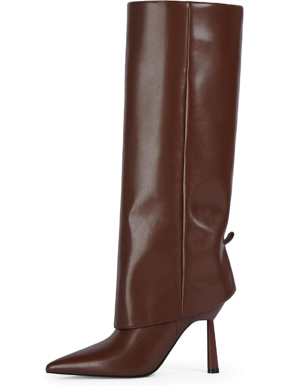Women's Brown Stiletto Heel Pointed Toe Side Zipper Knee High Shark Boots